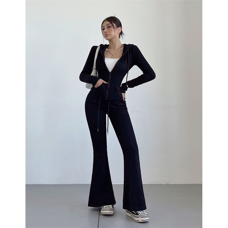 Two Piece Womens Clothing Casual Suit Solid Color Slim Fit Zipper Hoodie Y2k Fashionable High Waist Slimming Flared Pants