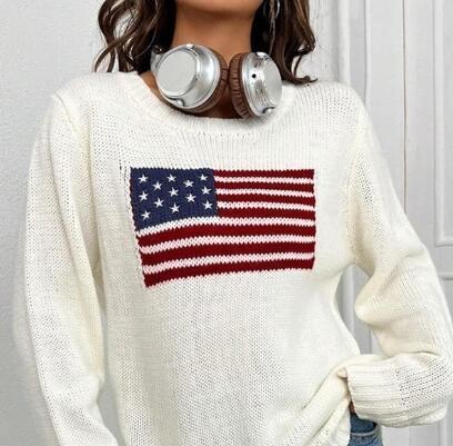 Womens American Flag Embroidery Sweater Long Sleeve Crewneck Star Sweatshirt Vintage Loose Fits Knit Pullover Jumper Tops 241220