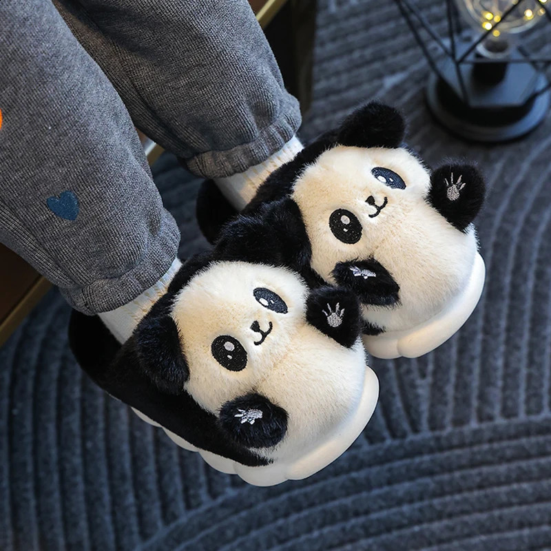 Cute Childrens Cartoon Panda Winter Slippers Comfortable Warm Cotton Shoes Boys Girls Indoor Home Fluffy Slippers 241223
