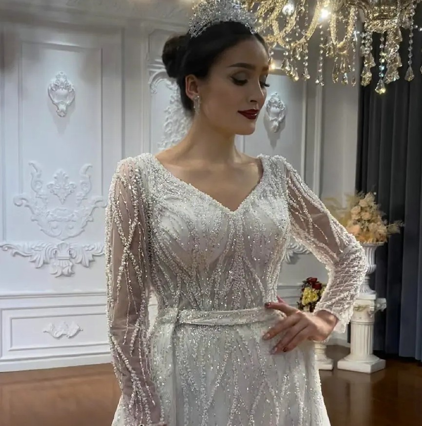 Sale Hot Mermaid Wedding Dresses With Detachable Train V Neck Beaded Pearls Embroidery Bridal Bride Gown Arabic Dubai Vestidos Noiva Robe De Mariee es