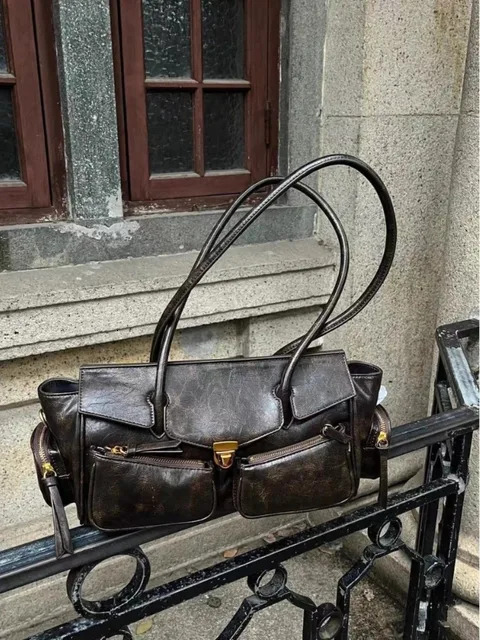New Moto All-Match Multiple Pockets Handbags Senior Casual Vintage Commuter Shoulder Bag Large Capacity Haruku Single-Shoulder Genuine Leather
