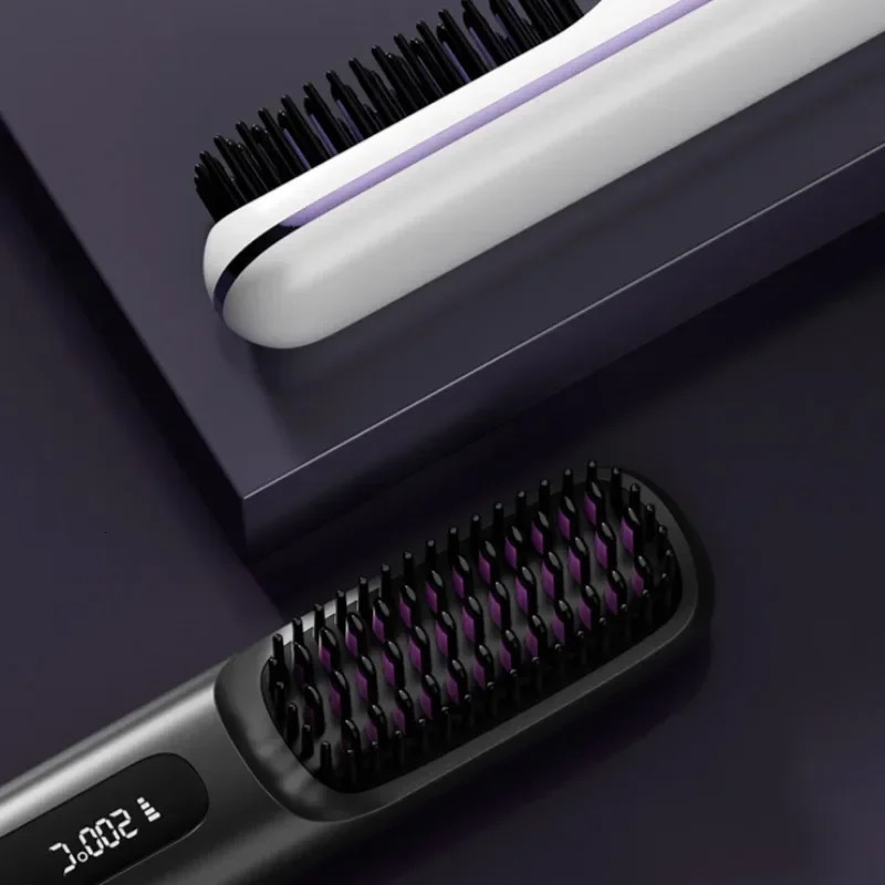 Electric LCD Usb Ceramic Heating Straight Hair Comb Wireless Portable Negative Ion Styling Tool Rechargeable Straightening Brush 241121