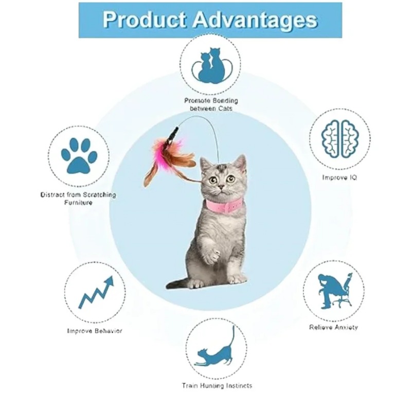 Cat Collar Toy Attached Silicone Cat Teasing Wand Adjustable Cat Feather Collar Toys with Bell Cat Interactive Teaser Toys