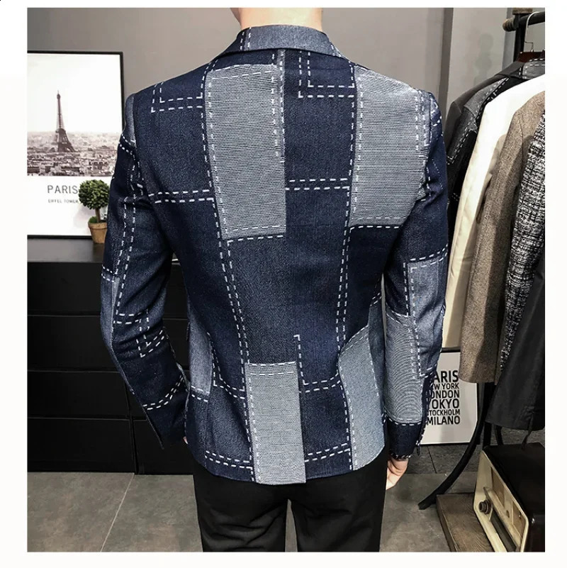 Fashion Patchwork Geometric Print Mens Blazer Vintage Hombre Casual Suit Men Jacket Autumn Plaid Stylish 241218