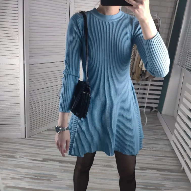HLBCBG basic autumn winter short aline thick sweater dress elegant knit women slim mini Female chic sexy 241218