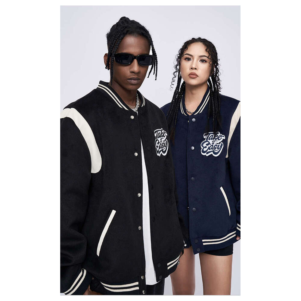 Autumn/Winter New Color Contrasting Loose Embroidered Baseball Couple Cotton Jacket Men and Women