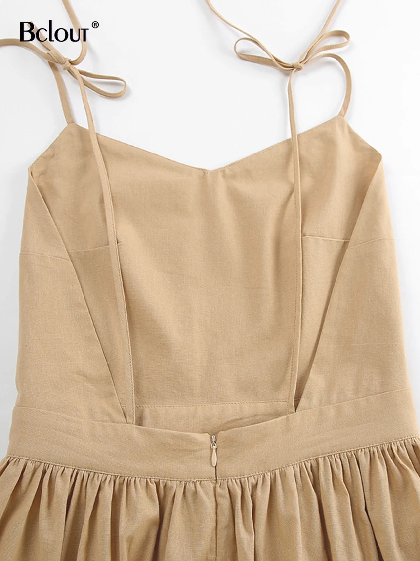 Bclout Fashion Brown Linen Long Dress Women 2024 Elegant Lace-Up Pockets A-Line Dresses Summer Sexy Backless Party Pleated Dress 241223
