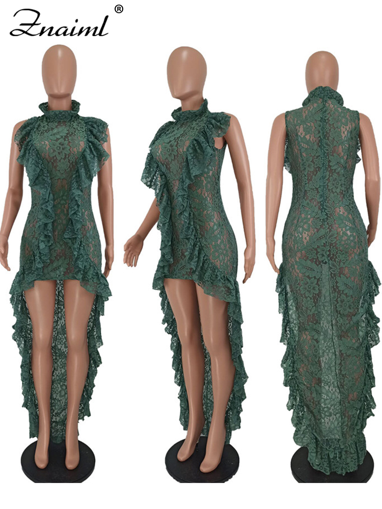 Znaiml 2023 Sexy Floral Lace Sheer Cocktail Evening Dresses for Women Ruffles Hem Bodycon Maxi Dress Elegant Birthday Outfits