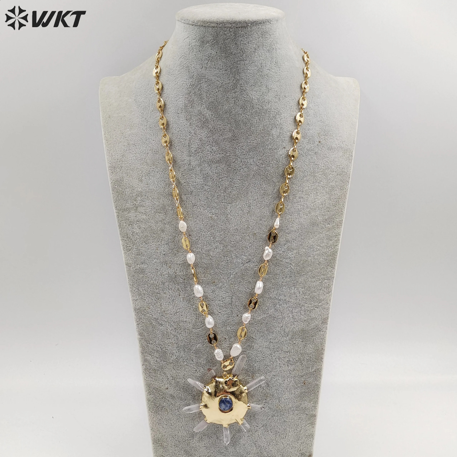 WT-JN248 Freshwater Pearl Sun Flower Quartz And Cross Shape 24 Inch Long 18K Gold Pig Nose Adjustable Chain Necklace 241220