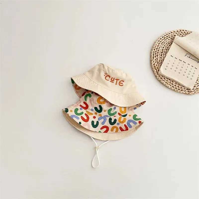 Caps Hats Double sided baby bucket hat with embroidered letters for boys and girls fishermans hat for spring and summer outdoor childrens sun hat H241