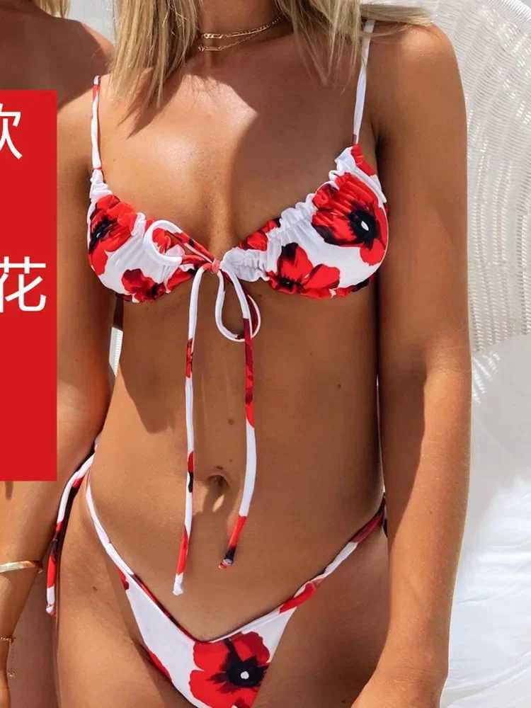 Sexy Printed Ruffled Frilled Thong Bikini Women Swimwear Female Swimsuit Two Pieces Bikini set Micro String Bathing Suit SwimXJ241223