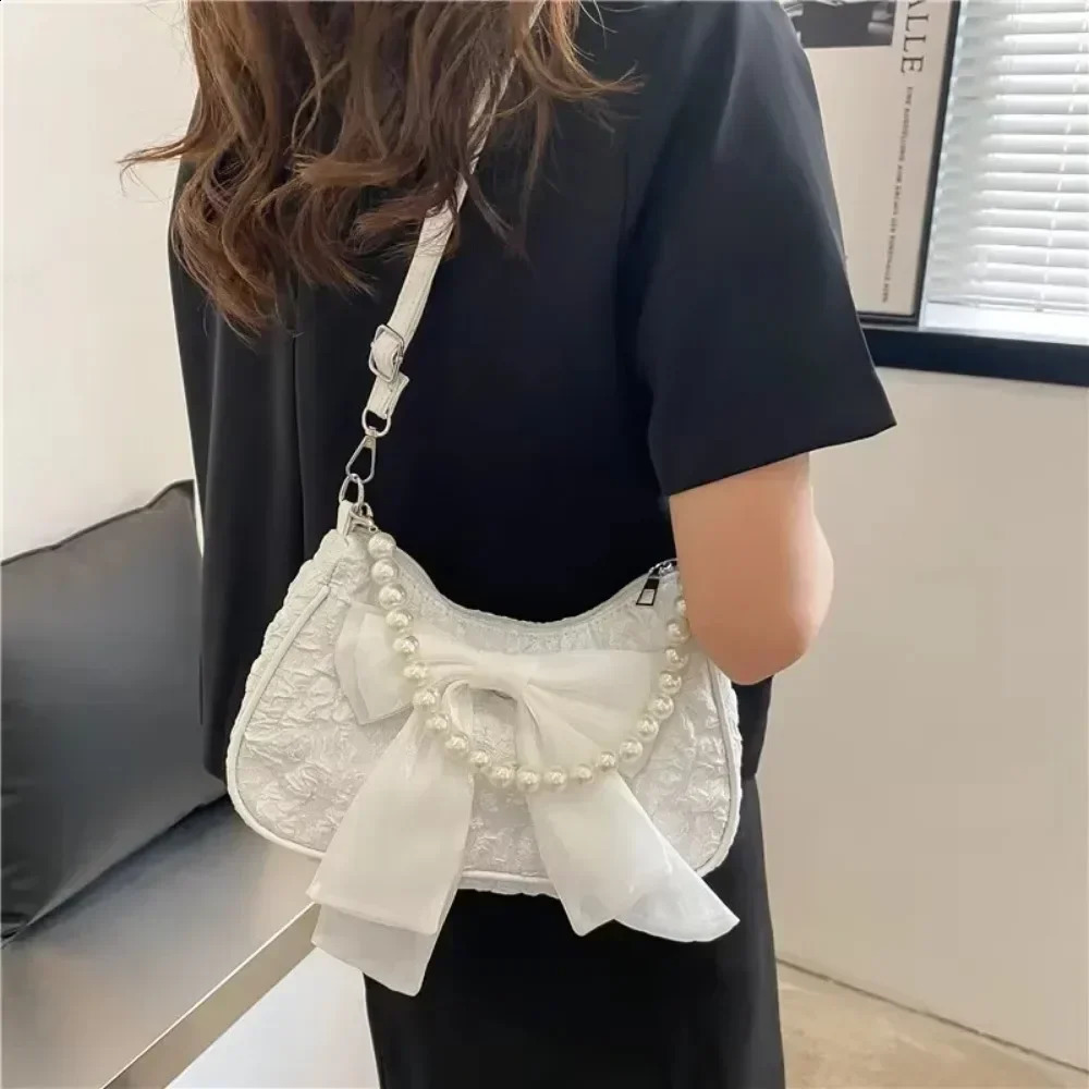 Pearl Female Bag Retro er Handbag Bow Crossbody Bags Fashion Canvas Womens 2024 Trend Shoulder bag Purses 241223