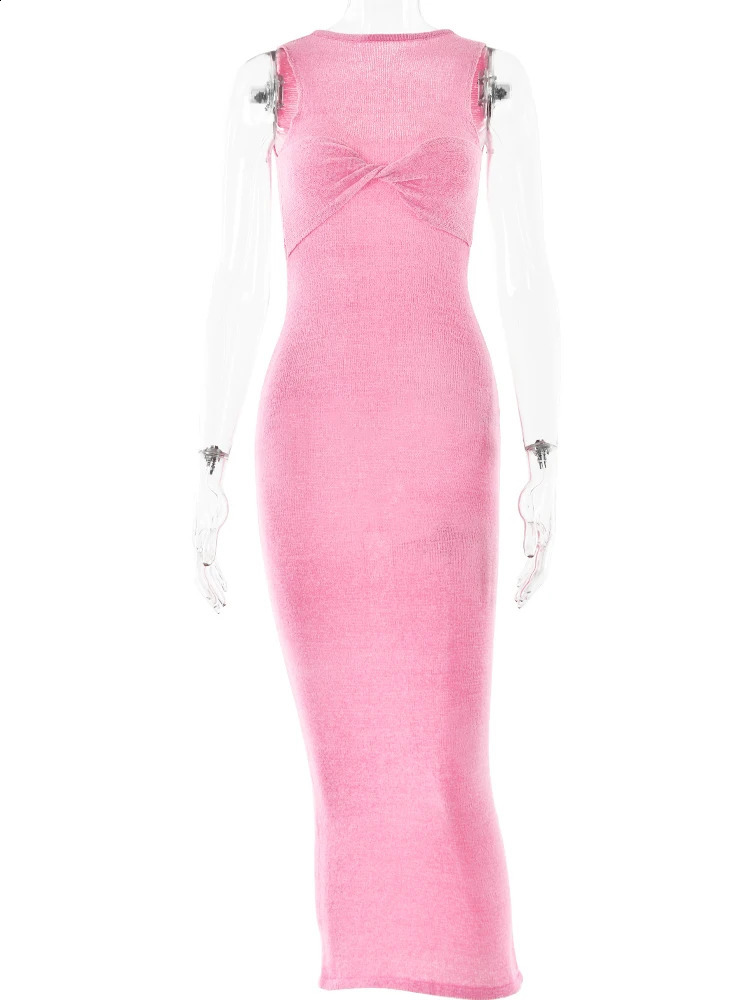 Fantoye Knitted Round Neck Ruched Women Maxi Dress Pink Sleeveless See Through Dress Femme Summer Skinny Elegant Party Beachwear 241223