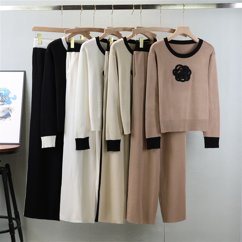 new Autumn New Knitted Loose Women Pant Suits O Neck Female Pullover Suit Fashion Wide Leg High Waist Pants Set