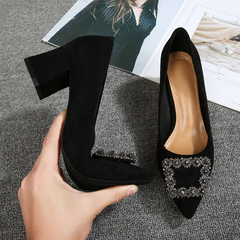 Water Diamond Single For Women, Summer 2021 New Mid Work Spring And Autumn Pointed Black Thick Heel Square Buckle Shoes