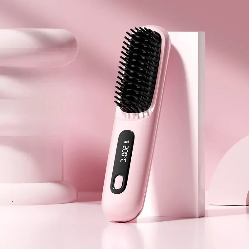 Electric LCD Usb Ceramic Heating Straight Hair Comb Wireless Portable Negative Ion Styling Tool Rechargeable Straightening Brush 241121
