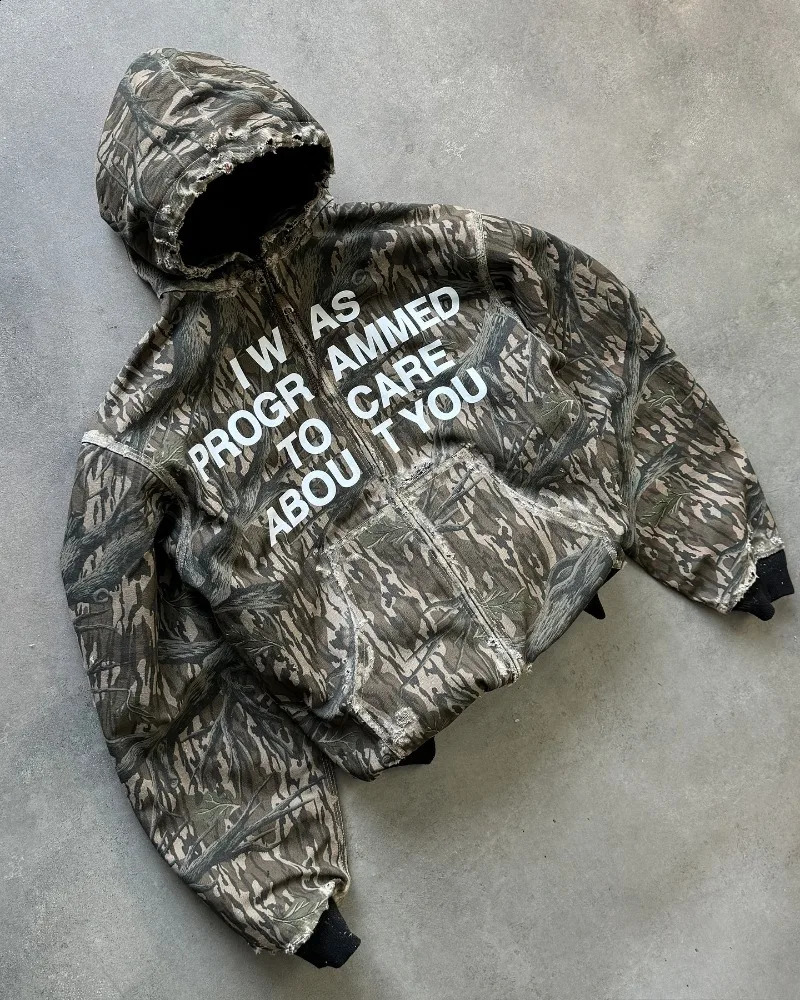 Y2k American winter ripped zipper hoodie men retro loose camouflage sweatshirt Harajuku hip hop fashion oversized jacket 241223