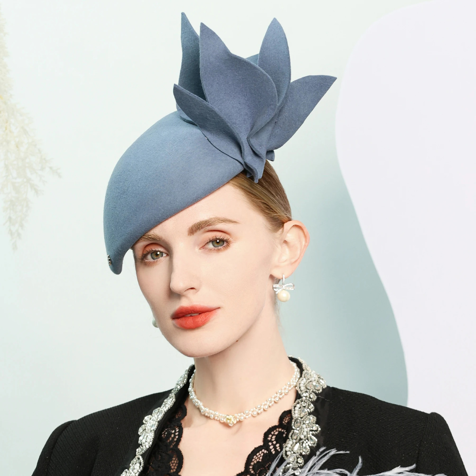 FS Winter Blue Wool Berets Elegant Church Hats For Women Formal Felt Fedoras Luxury Tea Party Fascinator Hat With Flower 241220