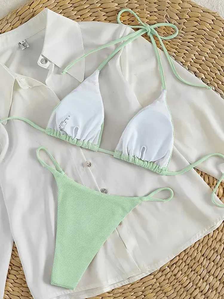 OIINAA Bathing Suit Women Sexy Solid Halter Swimsuit Special Stripe Fabric Bikini Set Drawstring Lace Up Two-piece Split BiquiniXJ241223