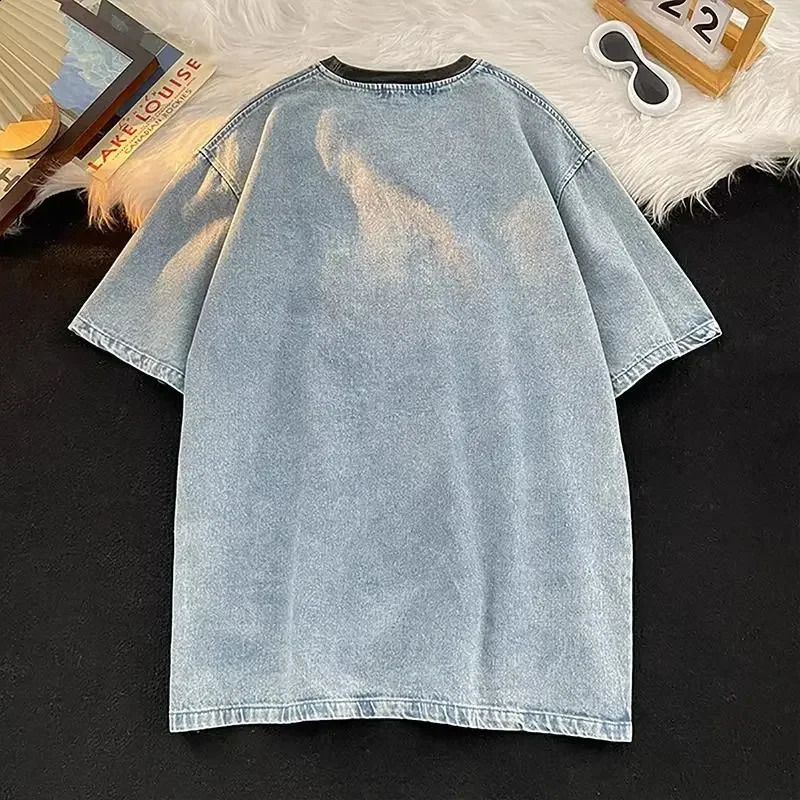 style washed distressed denim short-sleeved mens loose summer heavy fashion pure cotton round neck T-shirt y2k tops 241223