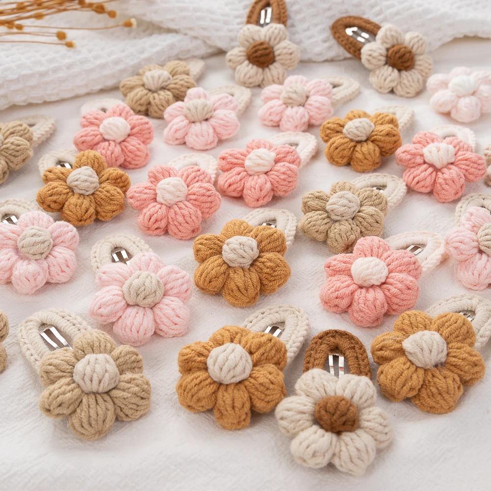 5Pcs/Lot Korean Handmade Sunflower Hair Clips for Baby Girls Crochet Hairpins Hairgrips Boutique Safety Knitted Kids Hair Bows 241223