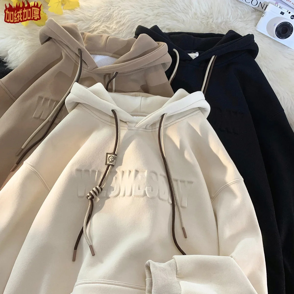 3D Letter Casual Loose Mens Hooded Sweatshirt Thickened Fleece Warm Hoodies Autumn Winter Basic Hooded Pullover for Men Hoodies 241219