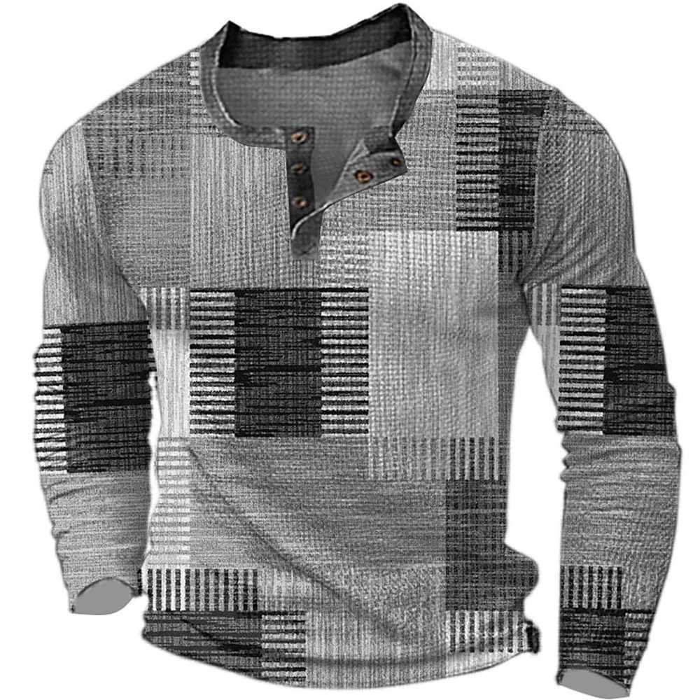 New Arrival Mens cotton T-shirt color block pattern T-shirt Henry shirt oversized clothing outdoor casual long sleeved button up clothing Z241223