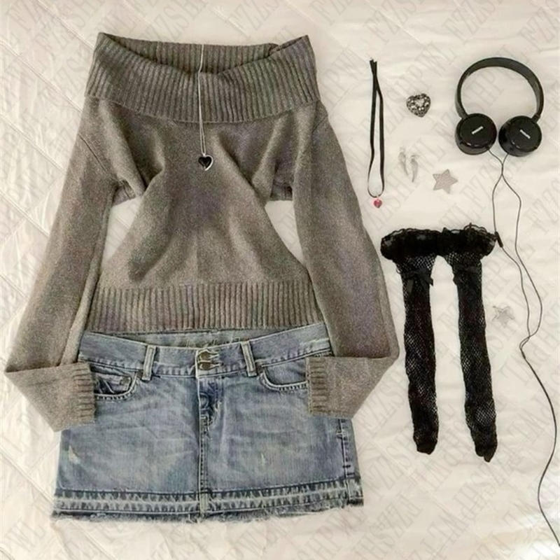 Solid color womens pullover casual retro street lace lapel single shoulder Harajuku Y2K versatile cut emo girls slim tops 241211