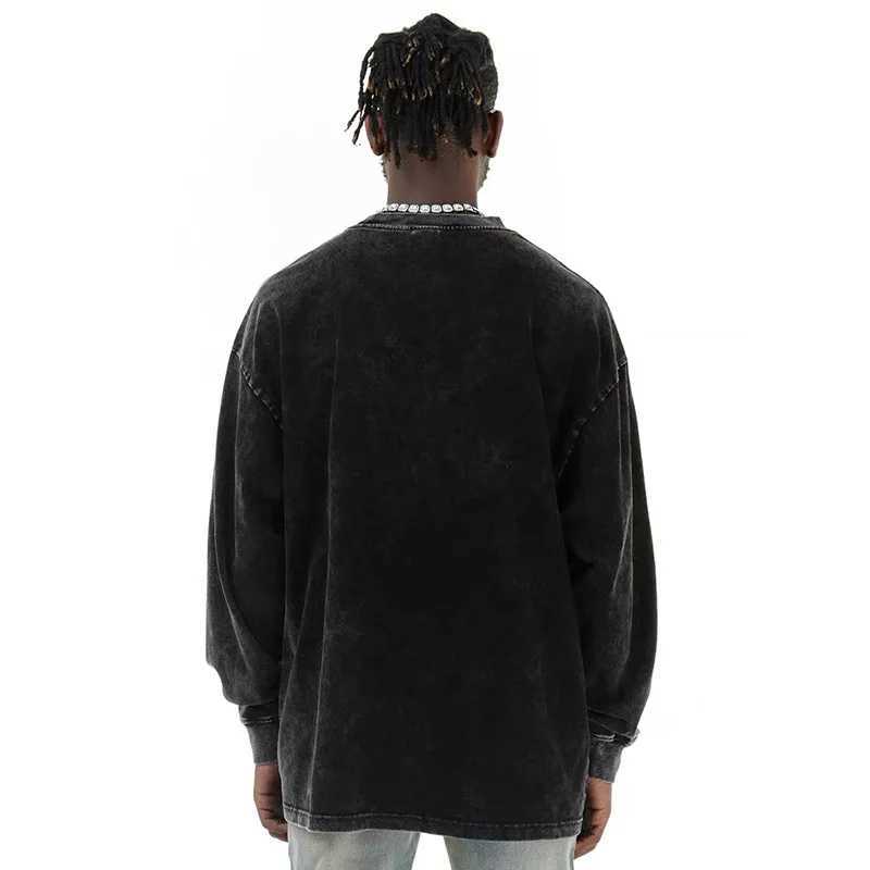 High Quality 230g mens 100% pure cotton long sleeved T-shirt suitable for autumn retro style acid washed tee wax printed round neck casual oversized t
