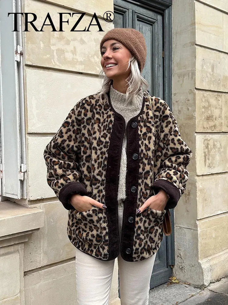 TRAFZA Y2K Leopard Jacket For Women Autumn Winter Casual Long Sleeve Single Breasted O Neck Coat Woman Fashion Streetwear Tops 241223