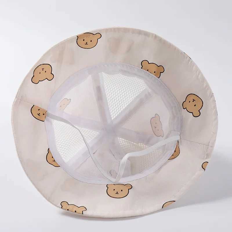 Caps Hats Cute Bear Baby Bucket Hat with Ears Boy and Girl Cartoon Cotton Mesh Breathable Sun Hat Childrens Outdoor Summer Childrens Hat H241223