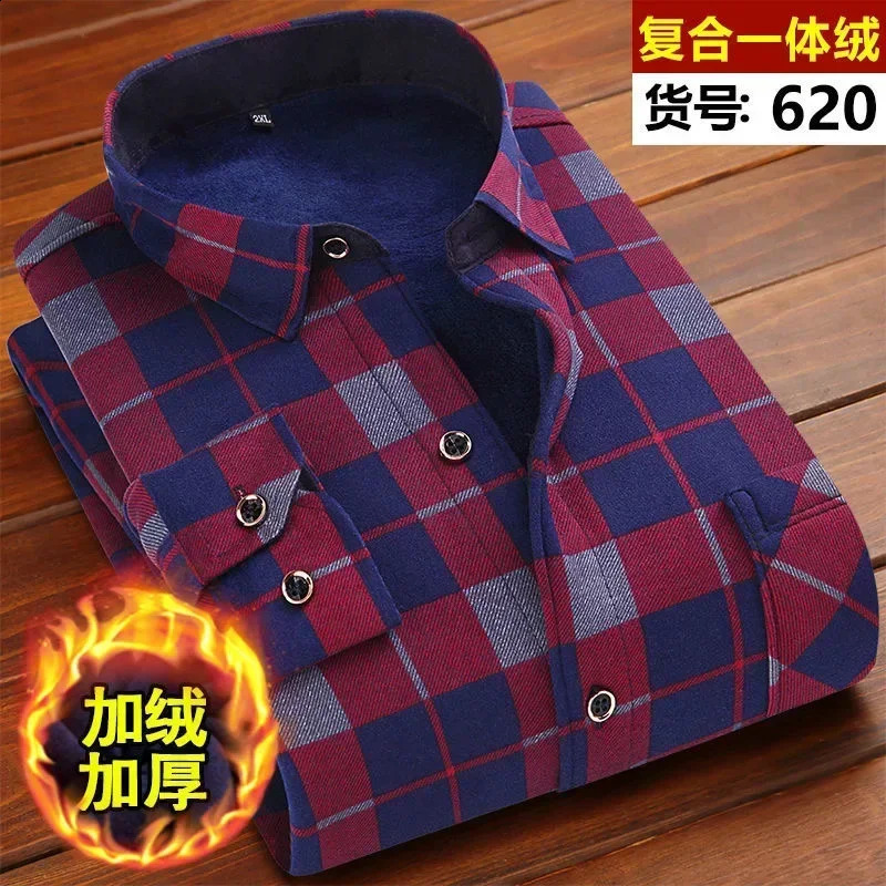 Autumn and Winter Mens Fashion Casual Plaid Long-Sleeved Shirt Mens Plus Fleece Thickened Warm High-Quality Shirt 241223