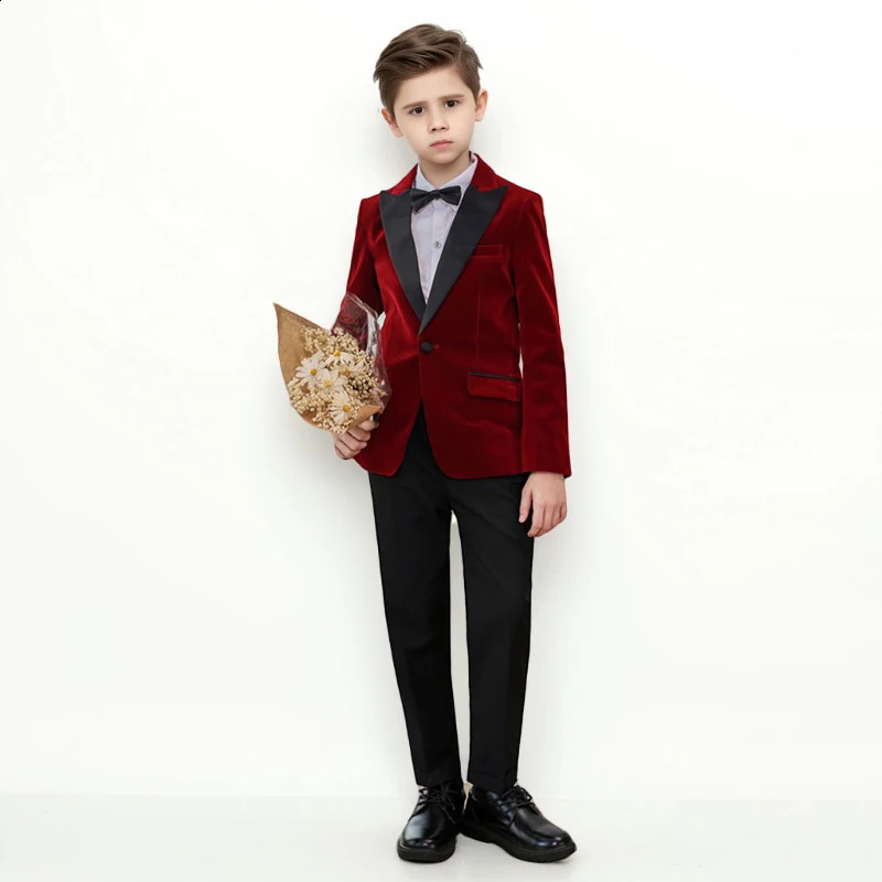 Autumn Boys Red Velvet Suit Set Children Birthday Party Wedding Host Piano Performance Costume Kids Blazer Pants Bowtie Outfit 241223