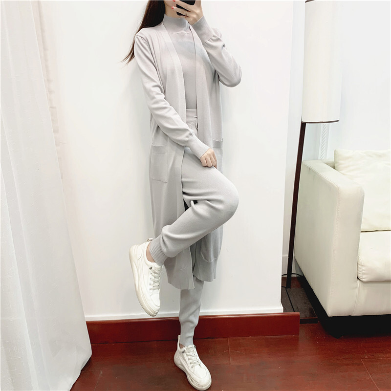 Fashion Women Sweater 3 Piece Set Tracksuit 2023 Autumn Long Cardigan Coat Half Turtleneck Vest + Pants Knitted Suits Outfits