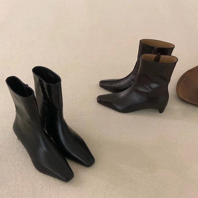Cowhide Edition~Small Square Head Low Women's French Short Genuine Leather Cat Heel Thin Boots