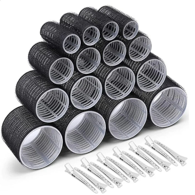 24pcs Black Self Grip Hair Rollers No Heat Hair Curlers Heatless Curls Hair Bangs Volume Self-adhesive Hook DIY Styling Tools 241220