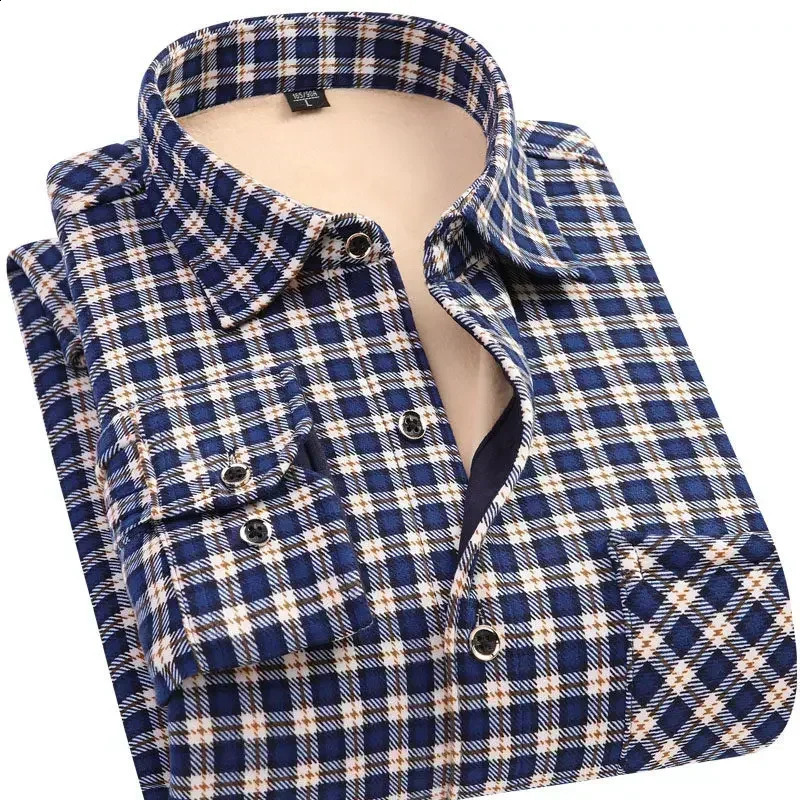 Autumn Winter Warm Plaid Shirts For Men Thick Velvet Long Sleeve Shirt Tops Slim Casual Business Male Jacket Thick Warm Outwear 241223