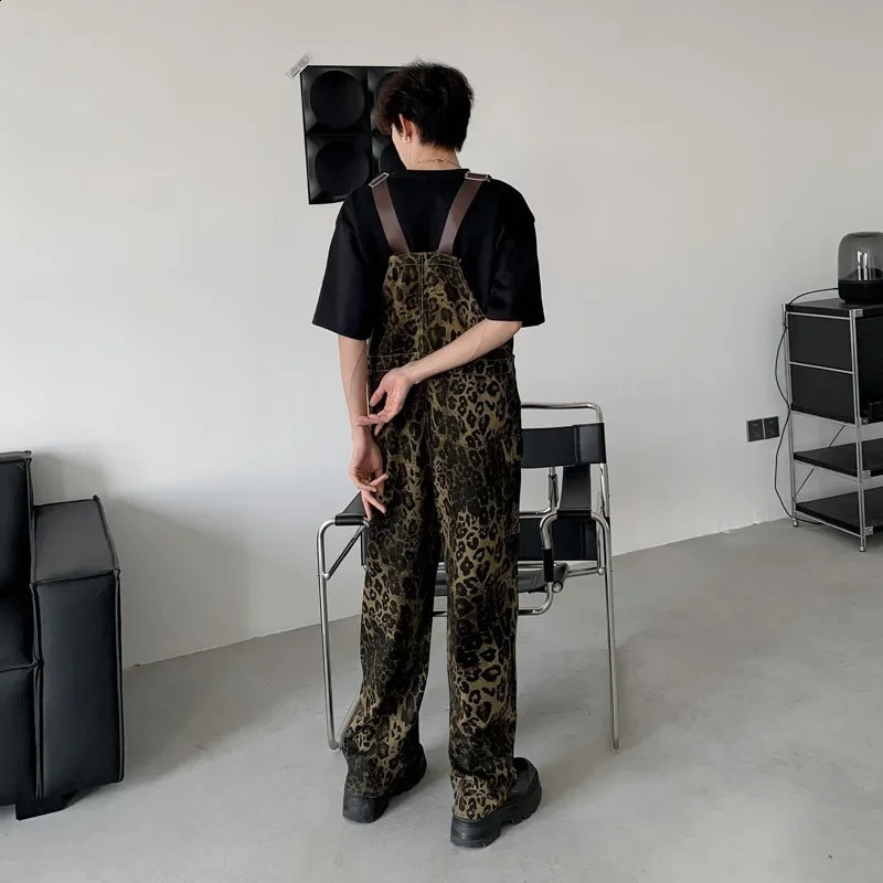 2024 American Style Vintage Loose-Fit Straight-Leg Workwear Sensibility Leopard Slipsbib Pants High Street Trendy Jeans For Men 241223