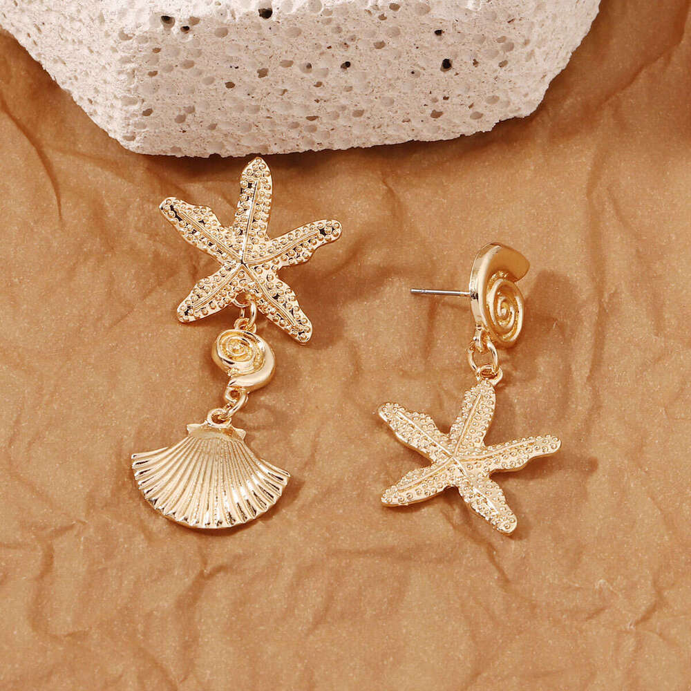 vacation style earrings, light gold starfish shell, versatile temperament