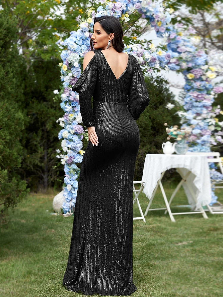 Lucyinlove Black V-Neck Sequin Evening Dresses Long Elegant Party Maxi Dress Gowns Long Sleeve Cocktail Dress Prom 241217
