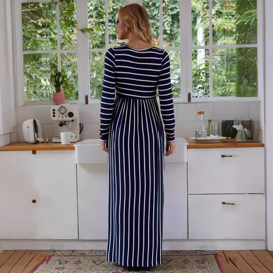 Clothes for Pregnant Women Maternity Dress Spring Autumn Striped Round Neck Long Sleeve Elegance Long Skirt Mom Casual Clothing 241223