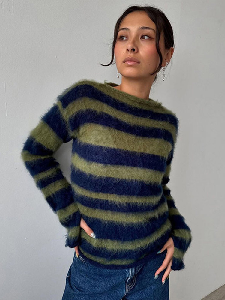 Mohair Striped Sweater Women Contrast Color Knitted O-Neck Long Sleeve Loose Chic Pullover Female Winter New Top Pollover