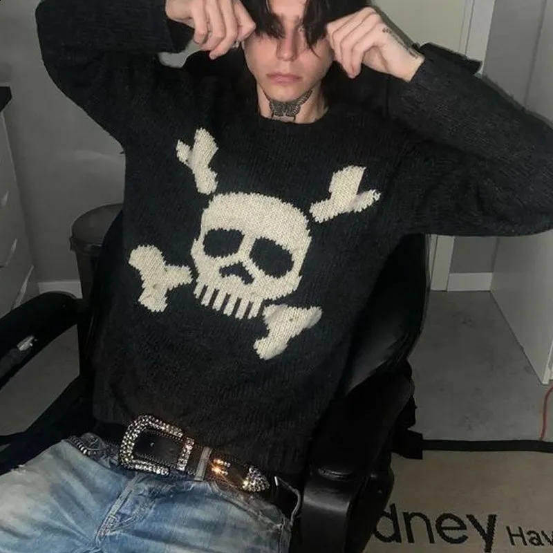 Gothic Sweater Skull Graphic Knitwear Hip Hop Punk Mens Pullover Retro Vintage Long Sleeve Womens Top Oversize Y2K Clothes 90s 241220
