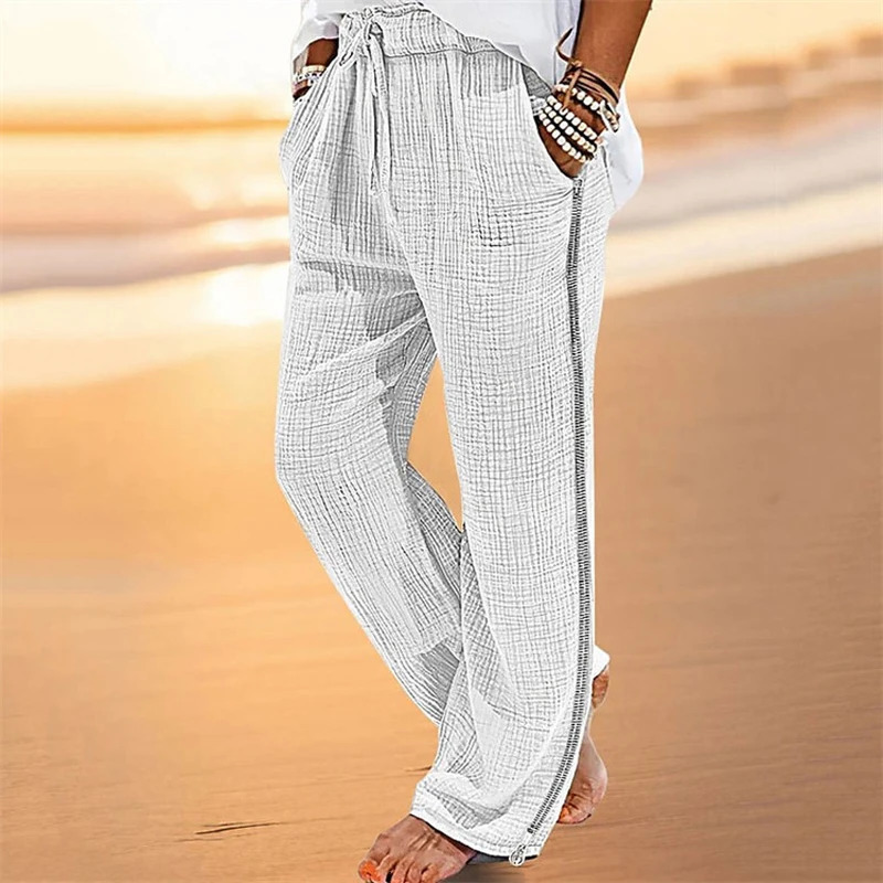 Retro mens pleated cotton linen casual pants drawstring side zipper elastic waist comfortable and breathable beach mens straight pants 241219