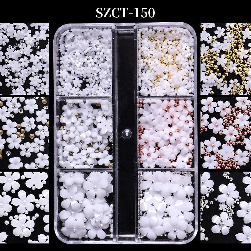 6 PCS color nail resin five-petal flower small steel ball mixed wearing nail decoration 241223