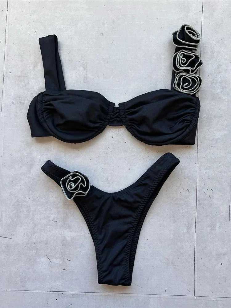 Sexy 3D Flower Shiny Pink Push Up Bikini 2024 Women Swimwear Underwired Swimsuit High Cut Bathing Suit Wrinkled Bikinis SetsXJ241223