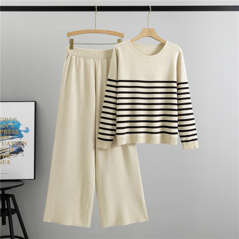 Knitted Suit Striped Tops Wide Leg Knit Pantst Waist Loose 2-Piece Set New In Autumn Winter Casual Clothes For Women