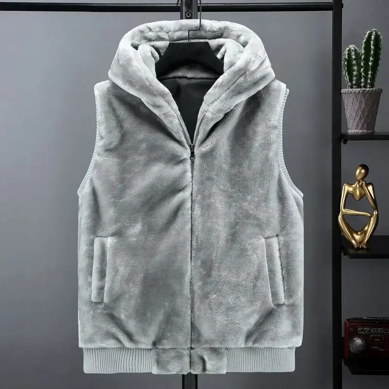 2025 New Sleeveless Jacket Men Hooded Warm Thermal Witer Faux Fur Vest Male Plush Flannel Coat Fluffy Fleece Waistcoat