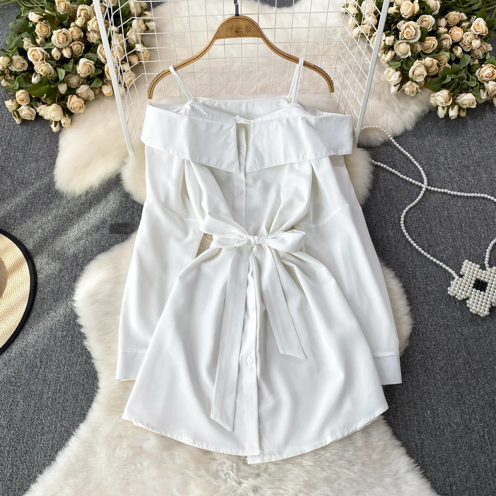 Korean Spring Autumn Off Shoulder Shirts Dress Chic Deisgn Long Sleeve Ruffles Slim Single Breasted Aline Solid Women 241218