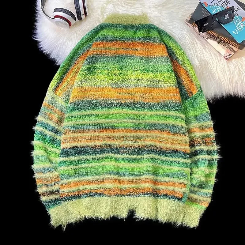Vintage Rainbow Color Blocking Sweater Knitted Top Cardigan Loose Fit Casual Niche Situation Trendy American Style Idle Style i241223